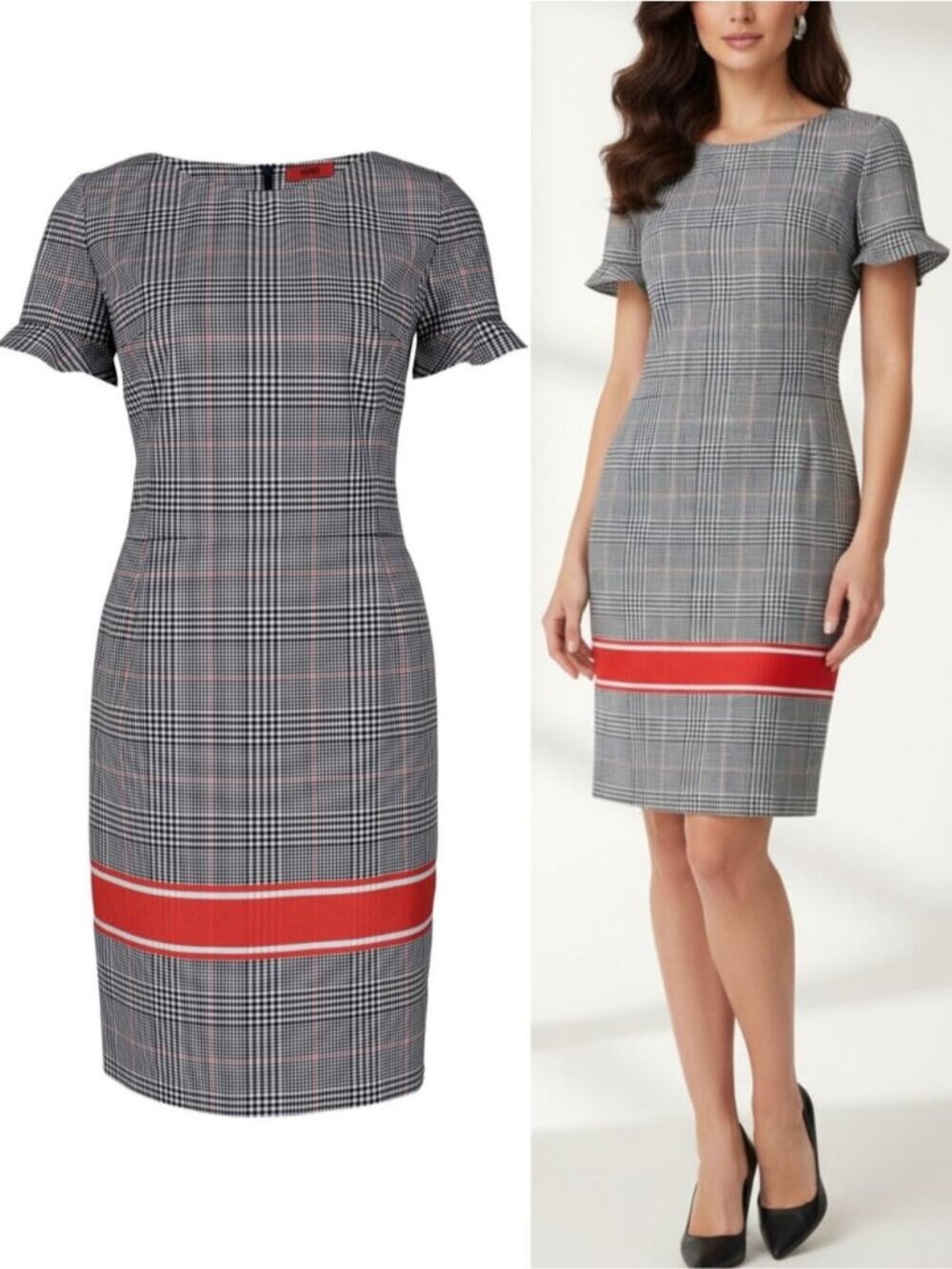 HUGO Hugo Boss Kamire Flutter Sleeve Plaid Slim Sheath Dress Size 8 Navy White